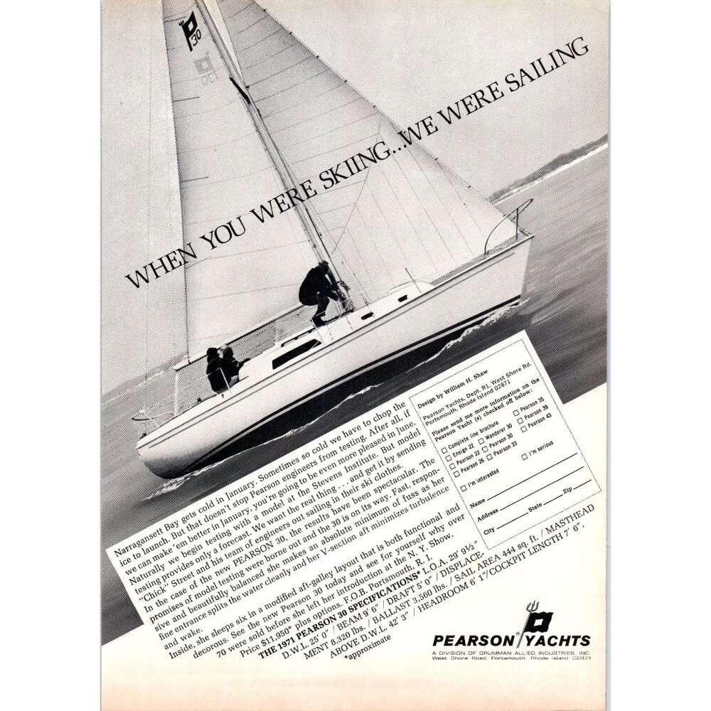 1971 Pearson 30 Sailing Yacht Sailboat Vintage Print Ad Narragansett Bay 70s Art